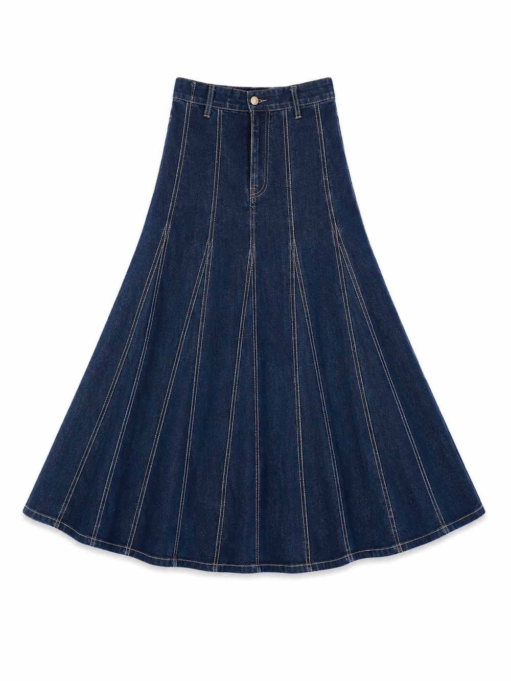Dark Blue Denim Maxi Skirt - Classic Paneled A-Line